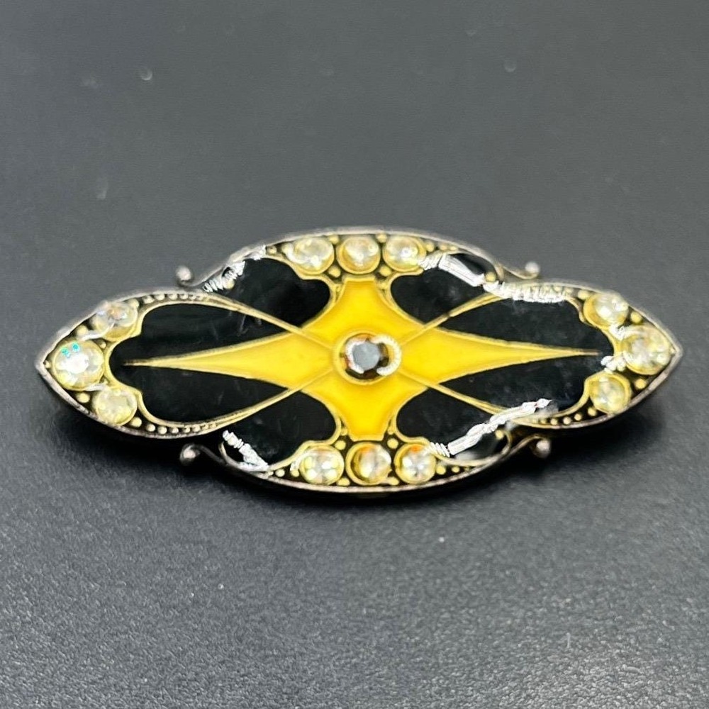 Catherine‎ Popesco Unsigned Black Enamel Gold Tone rhinestone Art Deco Brooch